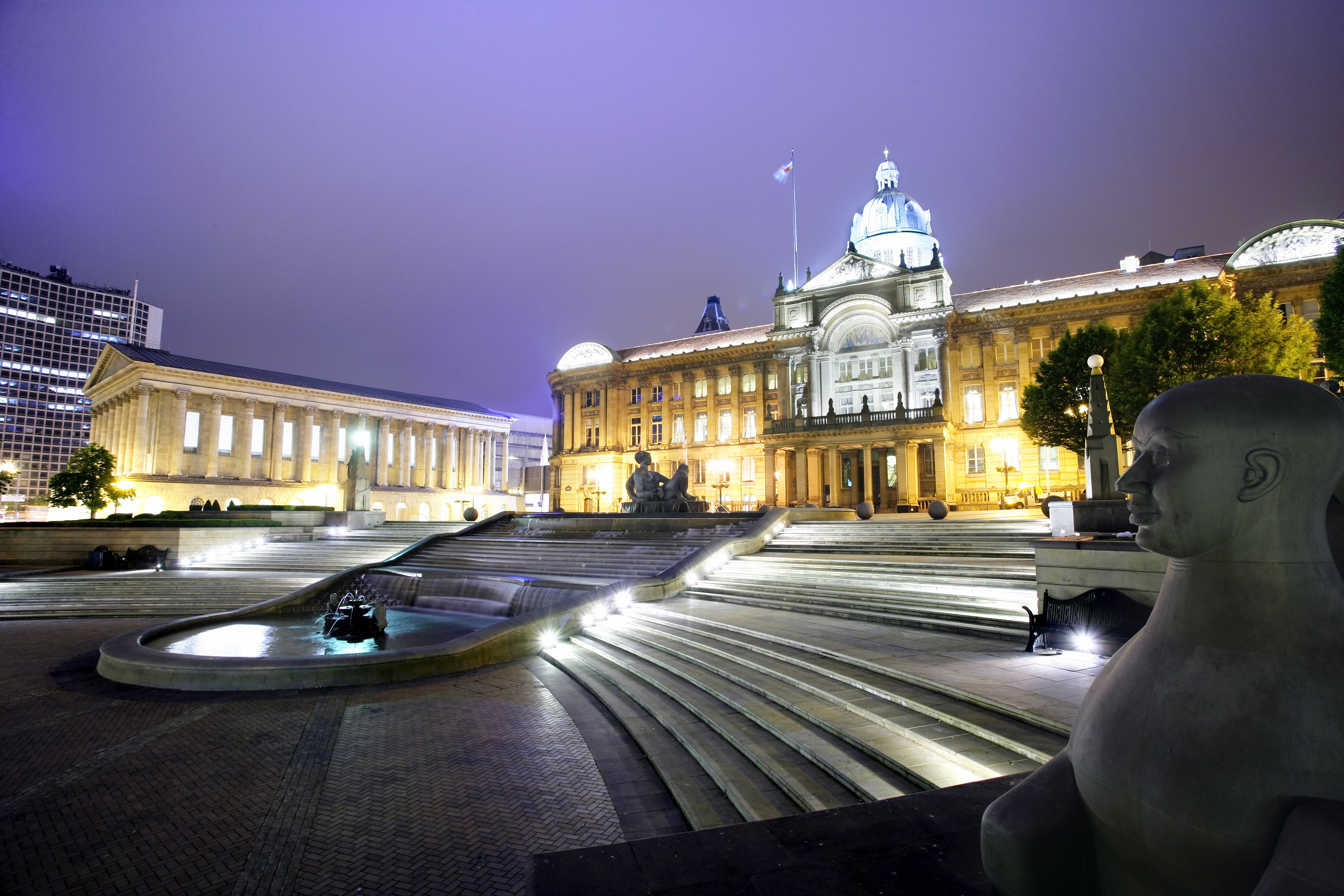 Victoria Square and Birmingham City Council House and Town Hall at dusk
